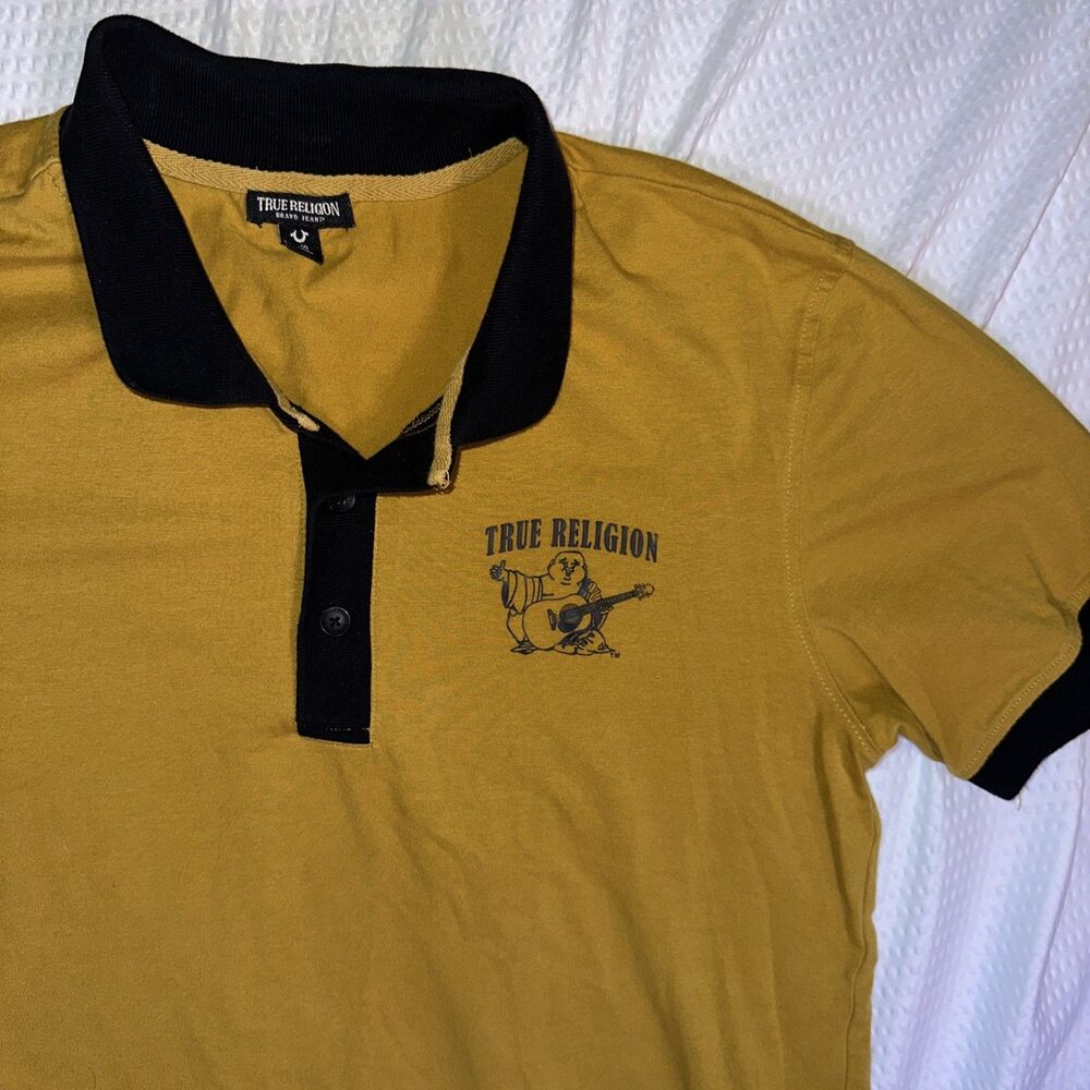 True Religion Polo Mens L Mustard Yellow Buddha Short Sleeve Preppy Y2K Stretch